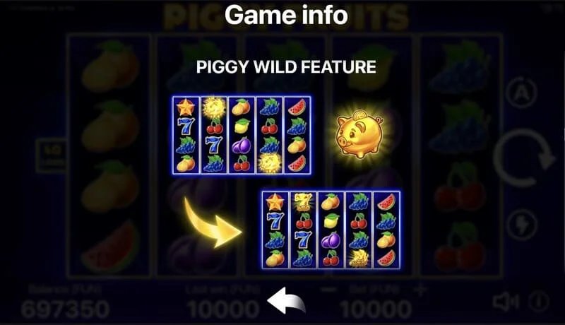 Piggy Fruits - spelscherm met een 5x4 raster en fruitsymbolen
